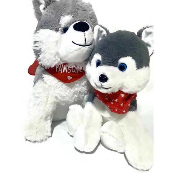 Husky Dog Plush Stuffed Animal Lot of Two Gray and White 16 and 12 Inches Tall - Picture 2 of 10
